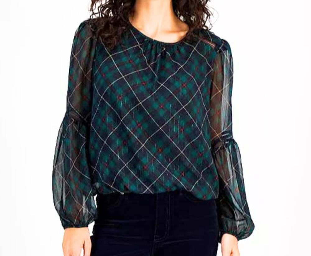 Tommy Hilfiger Med Bubble Top Tartan Plaid Long Sleeve Dark Academia Y2K Holiday